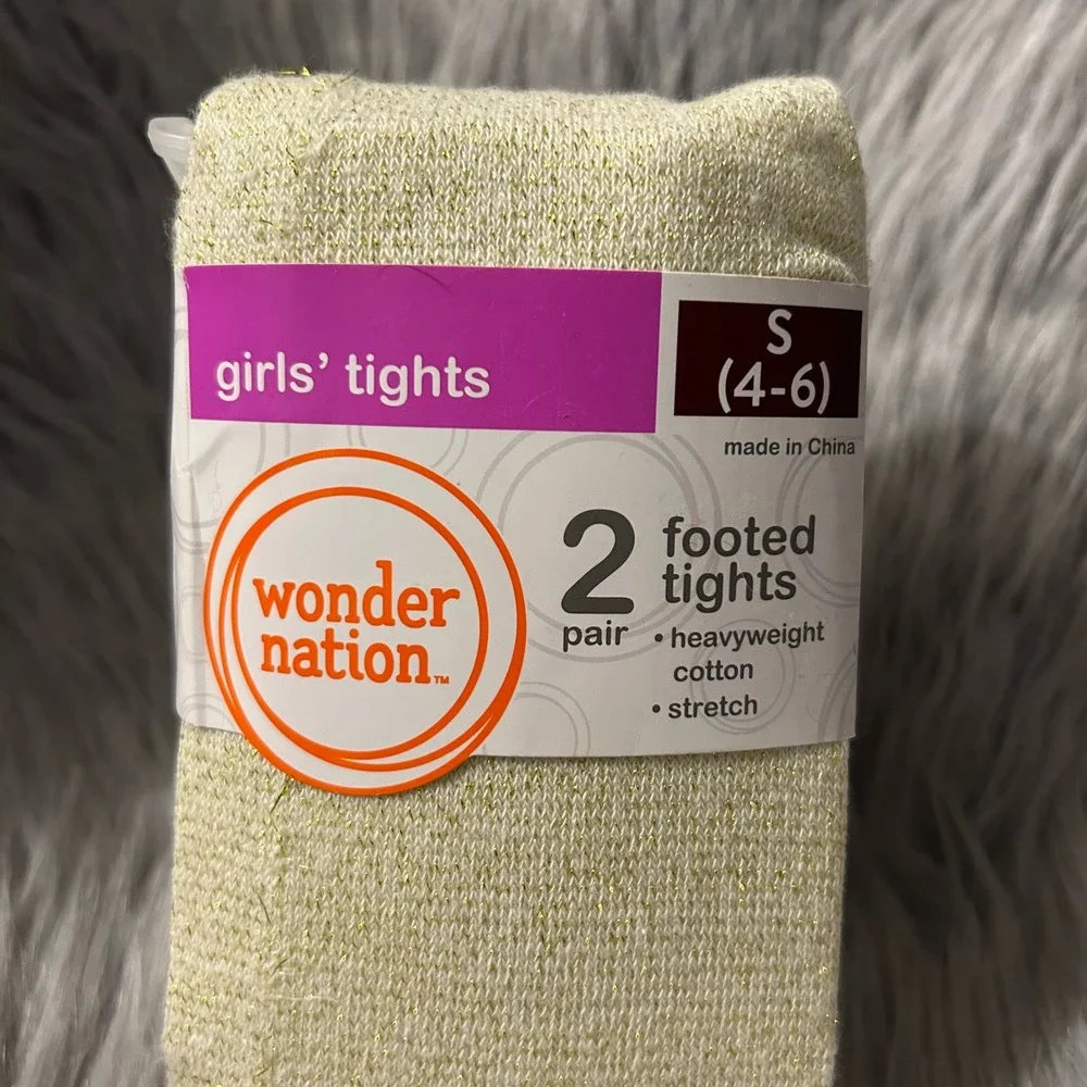 Wonder Nation Footed Tights Girls Size Small 2‎ Pack White Gold Dress Bottoms